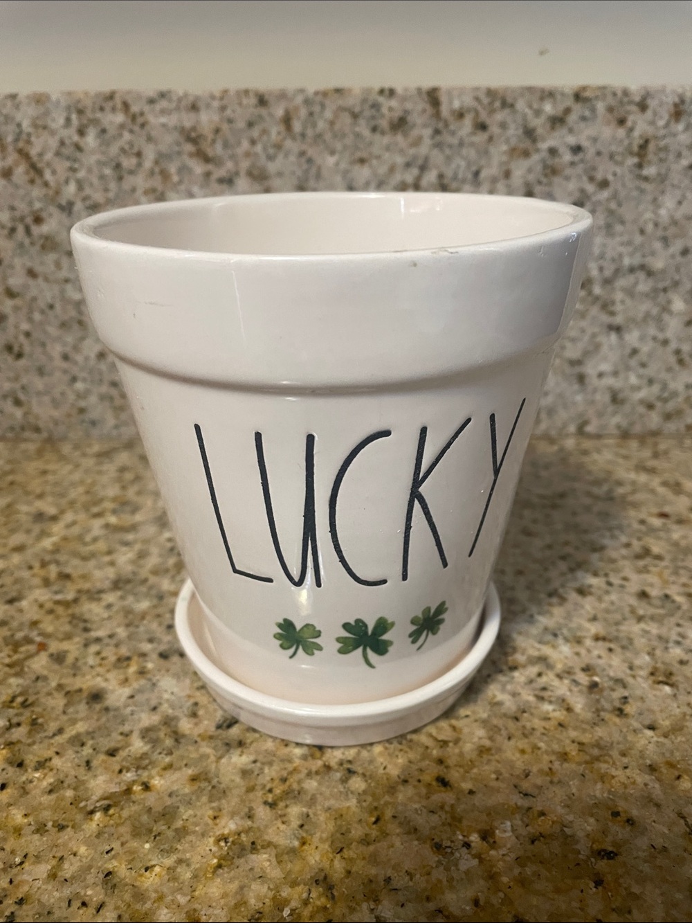 Rae Dunn White 'LUCKY' Ceramic Planter with Green Shamrocks
